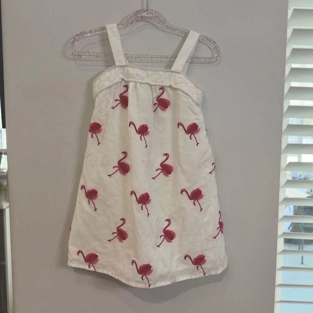 Girls Janie and Jack White Pink Embroidery Flamingo Dress Size 5 Casual Summer